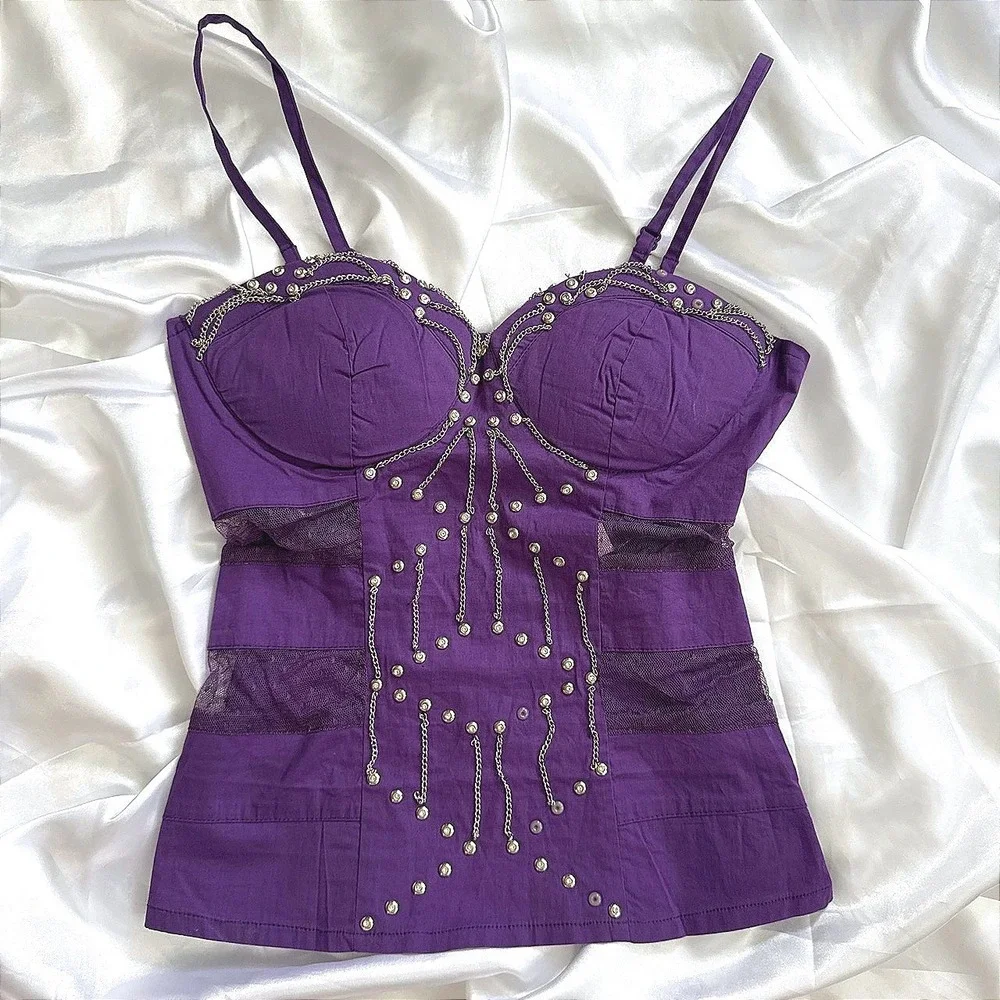 Lydia Purple Studded Chain Bustier Top Mesh Panels Gothic Punk Camisole Small